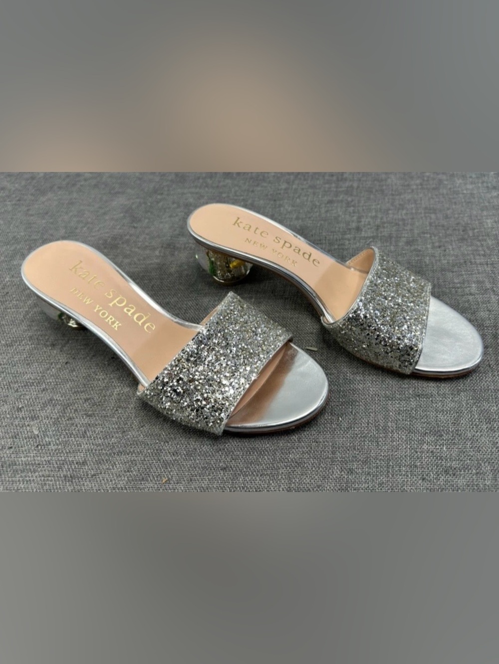 Kate Spade Silver Glitter New York Globe Slide Heels
